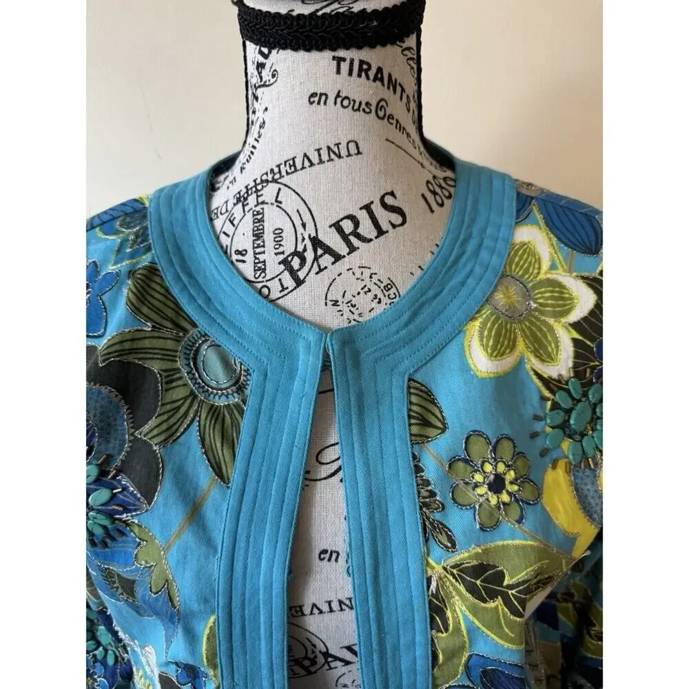 Chico's Blue Floral Open Front Lightweight Jacket Women's Size 0 (US Small)
